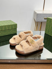 DAD SANDALS IN TAN BEIGE FLEECE WITH GOLD HARDWARE