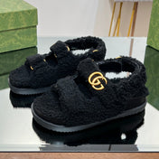 DAD SANDALS IN BLACK FLEECE WITH GOLD HARDWARE
