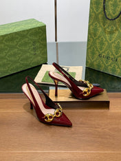 GG HIGH SLINGBACK 10.5 CM IN WINE RED GLOSSY CALFSKIN WITH GOLD HARDWARE