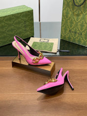 GG HIGH SLINGBACK 10.5 CM IN FUSICA PINK GLOSSY CALFSKIN WITH GOLD HARDWARE