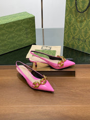 GG MID-HEELED SLINGBACK 4.5 CM IN FUSICA PINK GLOSSY CALFSKIN WITH GOLD HARDWARE