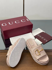 HIGH 5.5 CM WEDGE SANDALS IN LIGHT PINK CALFSKIN AND FABRIC