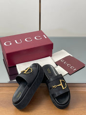 HIGH 5.5 CM WEDGE SANDALS IN BLACK CALFSKIN AND FABRIC