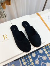 THE ROW 26S ROUND TOE MULES IN NAVY BLUE SUEDE