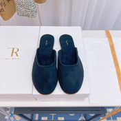 THE ROW 26S ROUND TOE MULES IN NAVY BLUE SUEDE