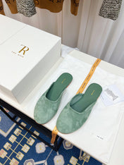 THE ROW 26S ROUND TOE MULES IN SAGE GREEN SUEDE