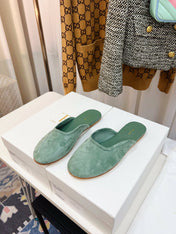 THE ROW 26S ROUND TOE MULES IN SAGE GREEN SUEDE