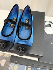 CC MARY JANE FLAT IN COBALT BLUE AND BLACK VELVET