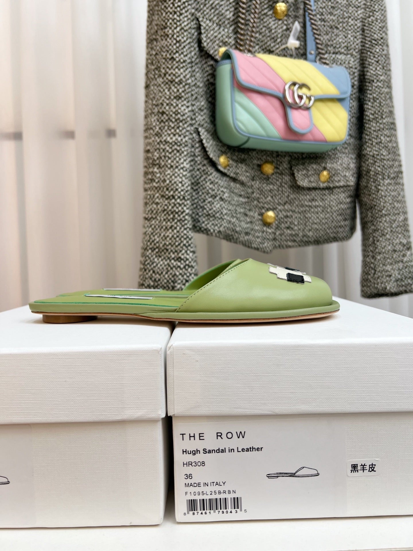 THE ROW 26S PIXEL APPLIQUE MULES IN PISTACHIO GREEN CALFSKIN