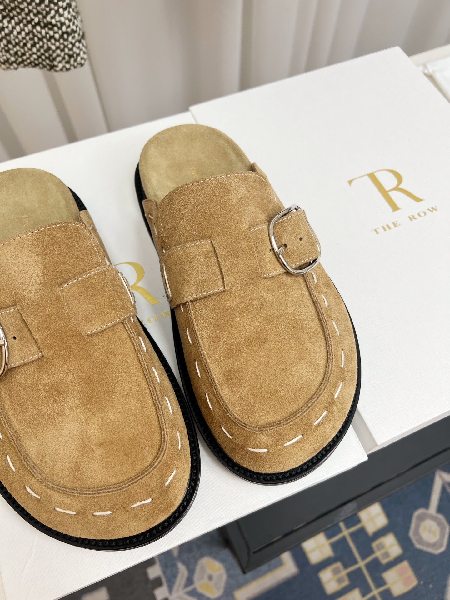 THE ROW 26S BUCKLED MULE CLOGS IN LIGHT BROWN SUEDE