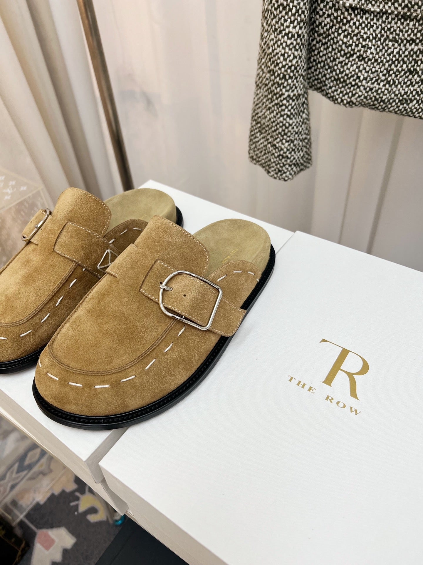 THE ROW 26S BUCKLED MULE CLOGS IN LIGHT BROWN SUEDE