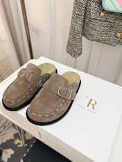 THE ROW 26S BUCKLED MULE CLOGS IN TAUPE BROWN SUEDE