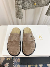THE ROW 26S BUCKLED MULE CLOGS IN TAUPE BROWN SUEDE
