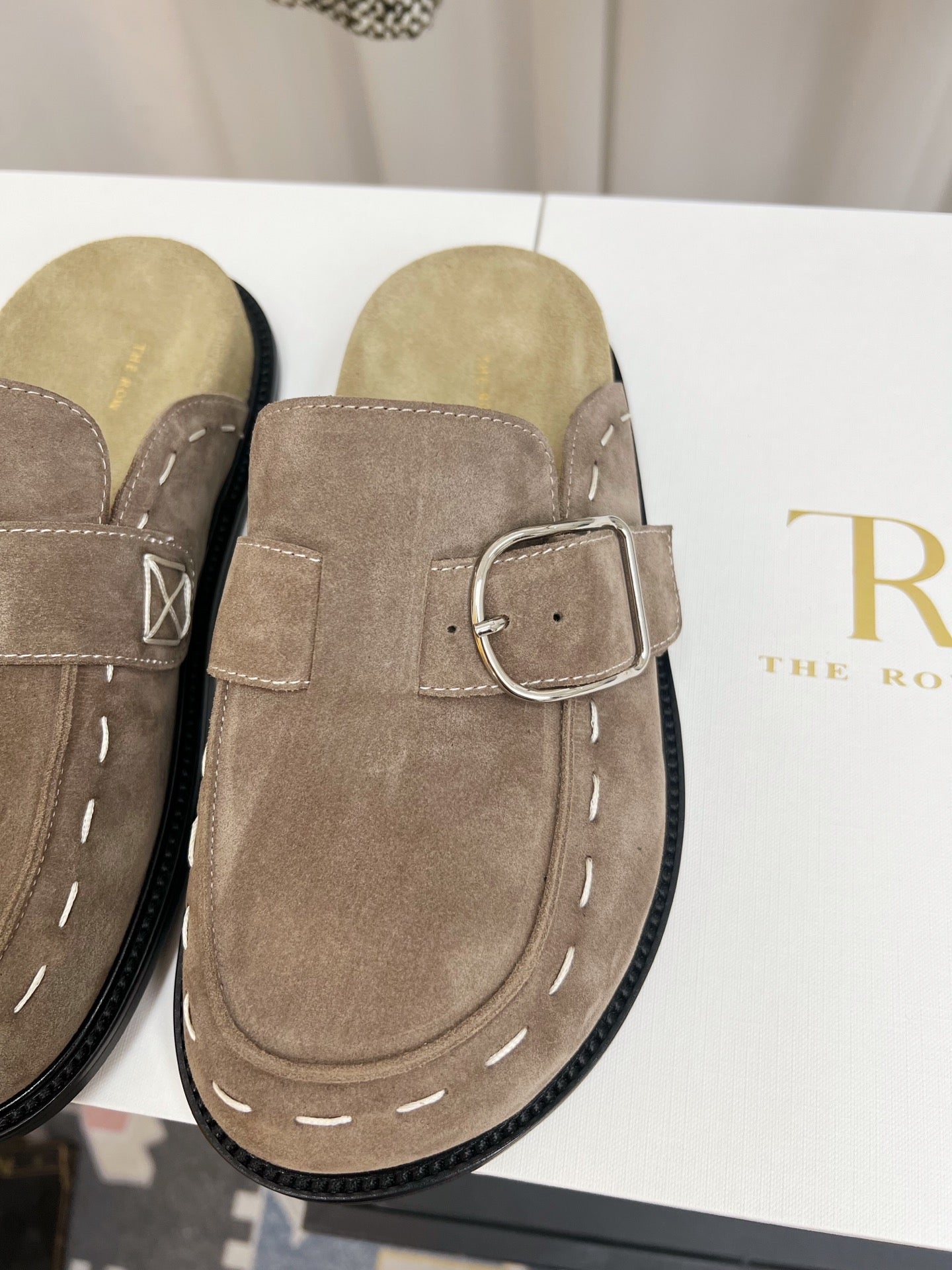 THE ROW 26S BUCKLED MULE CLOGS IN TAUPE BROWN SUEDE