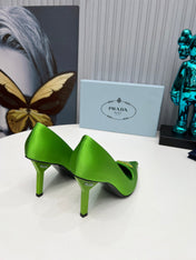 PRADA 26S POINTED TOE PUMPS STILETTO HEEL 80MM IN LIME GREEN SATIN