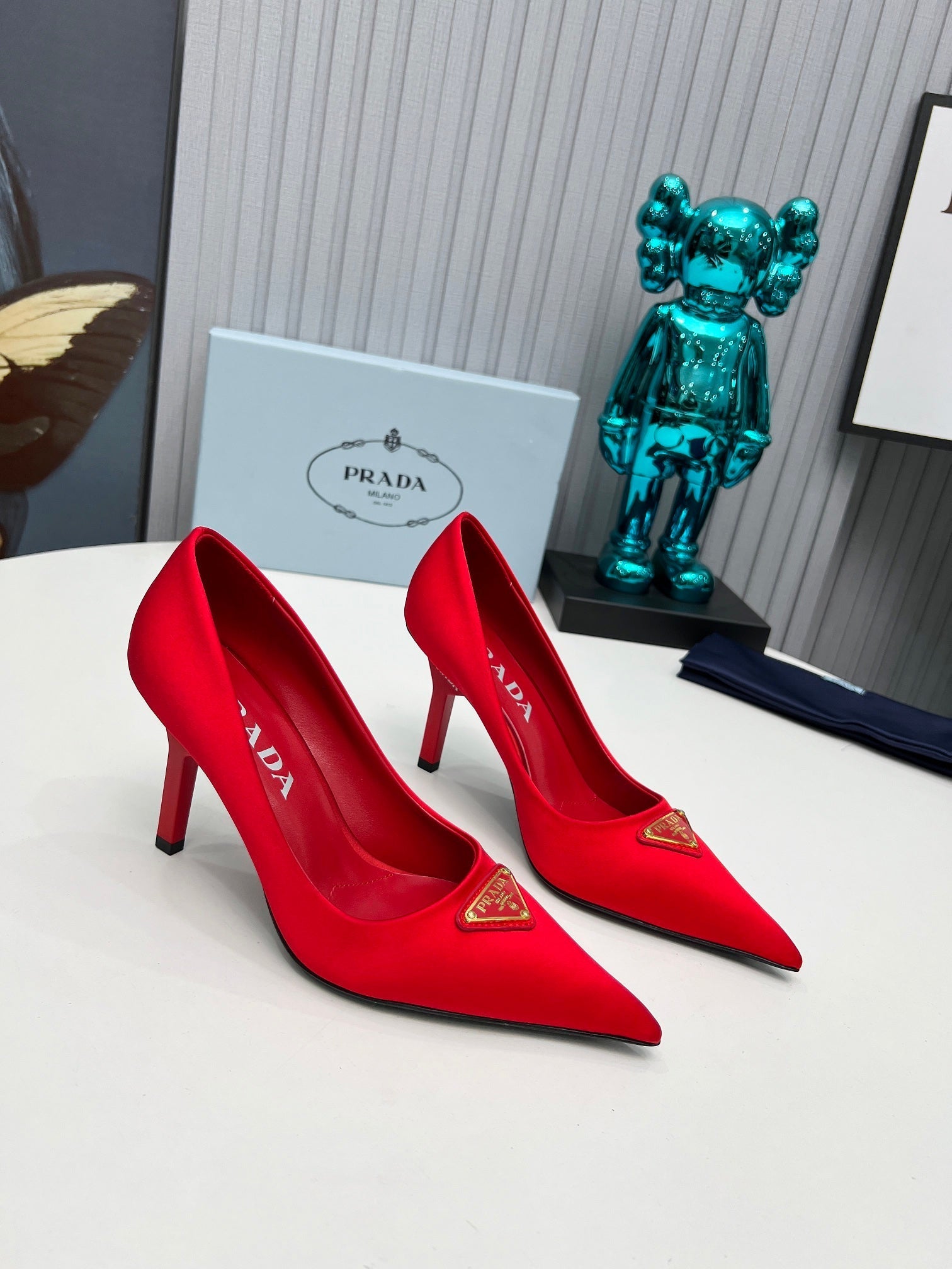PRADA 26S POINTED TOE PUMPS STILETTO HEEL 80MM IN DARK RED SATIN
