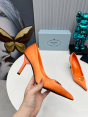 PRADA 26S POINTED TOE PUMPS STILETTO HEEL 80MM IN ORANGE SATIN