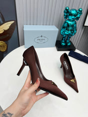 PRADA 26S POINTED TOE PUMPS STILETTO HEEL 80MM IN DARK BROWN SATIN