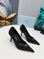 PRADA 26S POINTED TOE PUMPS STILETTO HEEL 80MM IN BLACK CRYSTAL EMBELLISHED
