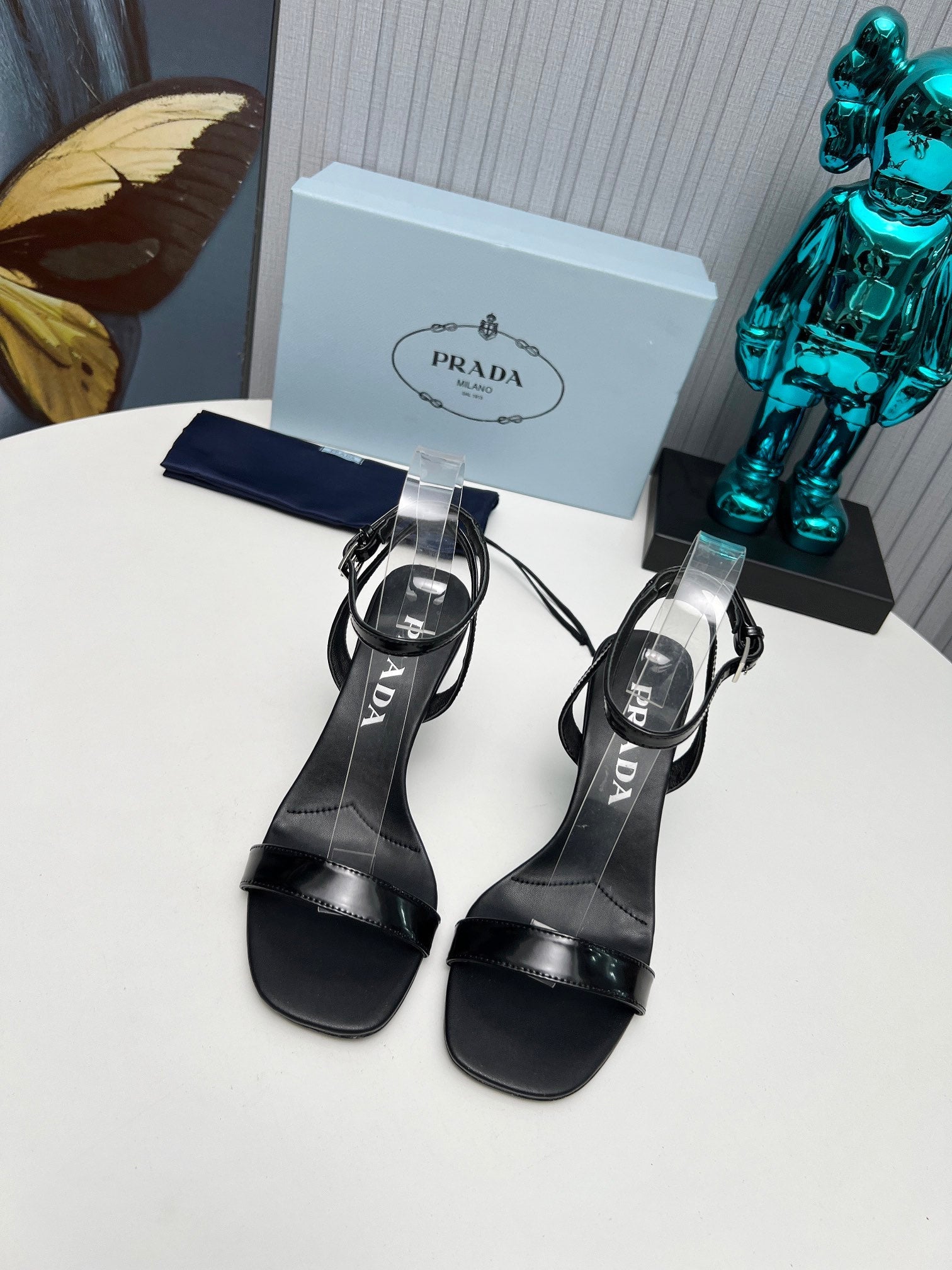 PRADA 26S ANKLE STRAP SANDALS STILETTO HEEL 80MM IN BLACK SHINE CALFSKIN