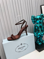 PRADA 26S ANKLE STRAP SANDALS STILETTO HEEL 80MM IN DARK BROWN SATIN
