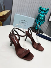 PRADA 26S ANKLE STRAP SANDALS STILETTO HEEL 80MM IN DARK BROWN SATIN
