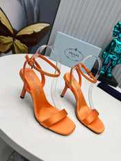 PRADA 26S ANKLE STRAP SANDALS STILETTO HEEL 80MM IN ORANGE SATIN