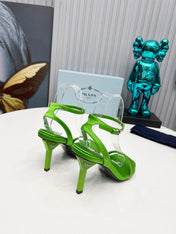 PRADA 26S ANKLE STRAP SANDALS STILETTO HEEL 80MM IN LIME GREEN SATIN