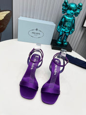 PRADA 26S ANKLE STRAP SANDALS STILETTO HEEL 80MM IN DEEP PURPLE SATIN