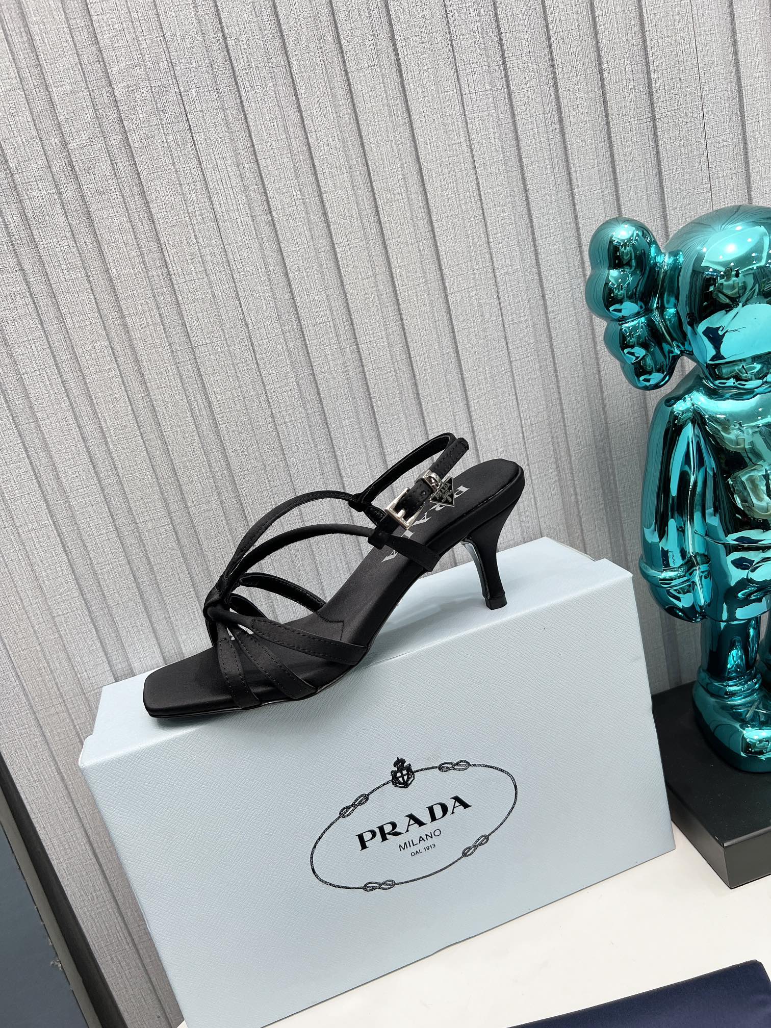 PRADA 26S STRAPPY SANDALS STILETTO HEEL 60MM IN BLACK SATIN