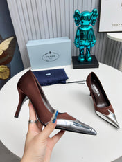 HIGH POINTED-TOE PUMPS IN CHOCOLATE MIX SILVER SATIN