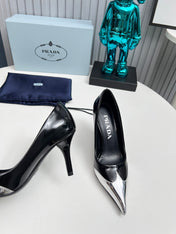 HIGH POINTED-TOE PUMPS IN SILVER MIX BLACK GLOSSY CALFSKIN