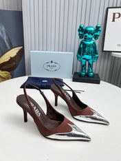 HIGH SLING BACK PUMPS IN SILVER MIX CHOCOLATE SATIN