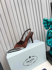 HIGH SLING BACK PUMPS IN SILVER MIX CHOCOLATE SATIN