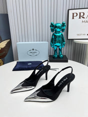 HIGH SLING BACK PUMPS IN SILVER MIX BLACK SATIN