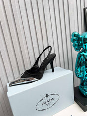 HIGH SLING BACK PUMPS IN SILVER MIX BLACK SATIN