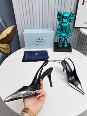 HIGH SLING BACK PUMPS IN SILVER MIX BLACK CALFSKIN