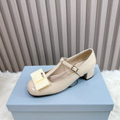 PRADA 26S T-STRAP MARY JANE PUMPS 40MM IN BEIGE PATENT CALFSKIN WITH BOW