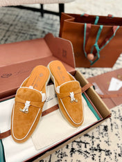 Loro Piana Salmon White Suede Charms Walk Flat Mules