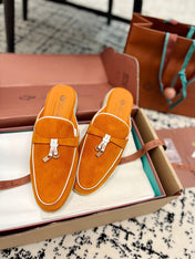 Loro Piana Carrot White Suede Charms Walk Flat Mules