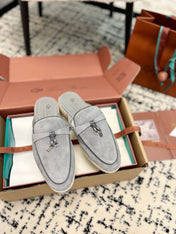 Loro Piana Grey Black Suede Charms Walk Flat Mules