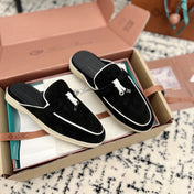Loro Piana Black White Suede Charms Walk Flat Mules