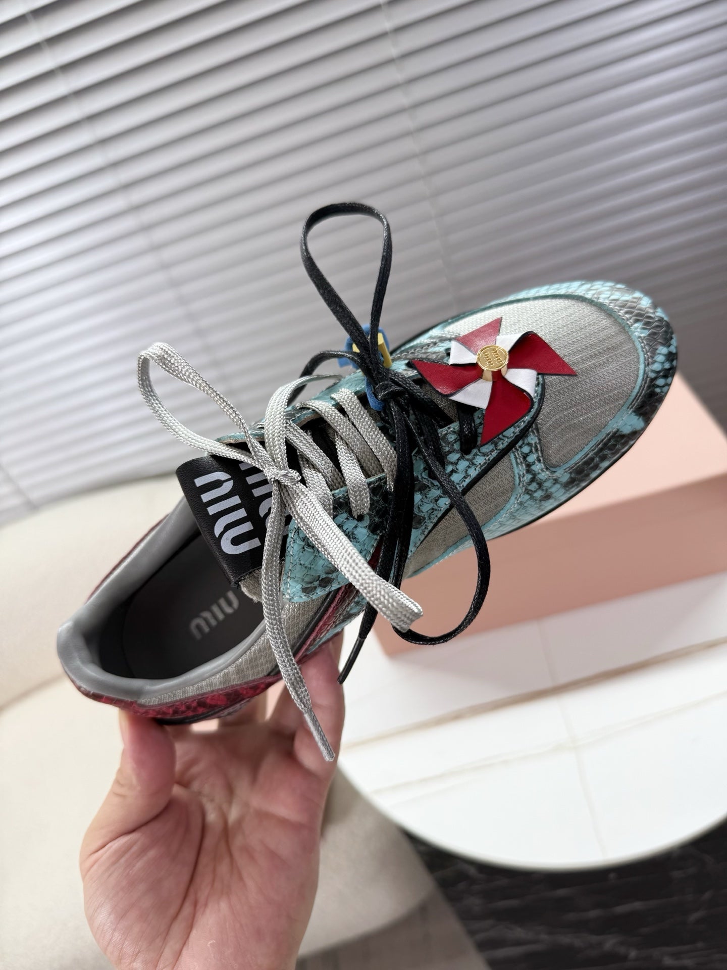 MIUMIU 26S GYMNASIUM SNEAKER IN SILVER FABRIC AND TURQUOISE BLUE SNAKE EFFECT CALFSKIN