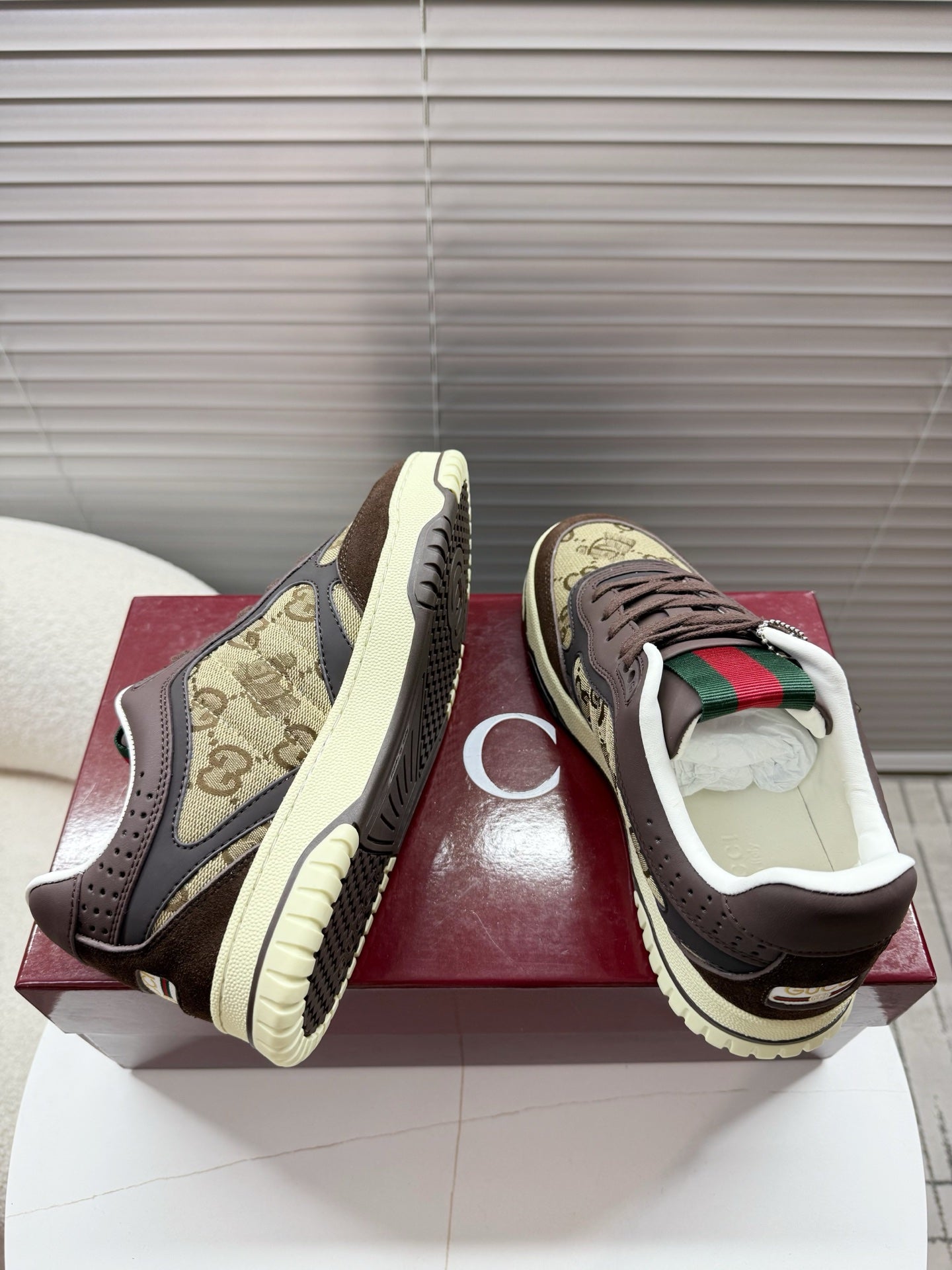 GUCCI 26S MAC80 SNEAKER IN BEIGE CANVAS AND DARK BROWN LEATHER