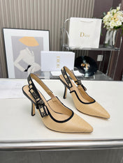 J'ADIOR SLINGBACK PUMP NATURAL RAFFIA AND BLACK EMBROIDERED COTTON 10 CM
