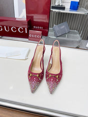 HORSEBIT SLINGBACKS IN CHERRY RED MONOGRAM FABRIC WITH CRYSTALS