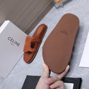 CELINE 26S TRIOMPHE SLIDES IN COGNAC BROWN SUEDE