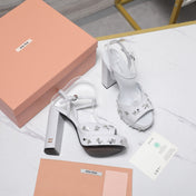 MIUMIU 26S PLATFORM ANKLE STRAP SANDALS 120MM IN LIGHT GREY CANVAS CRYSTAL-EMBELLISHED