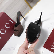 GUCCI 26S HEELED SANDALS 105 MM IN DARK BROWN CANVAS