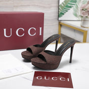 GUCCI 26S HEELED SANDALS 105 MM IN DARK BROWN CANVAS